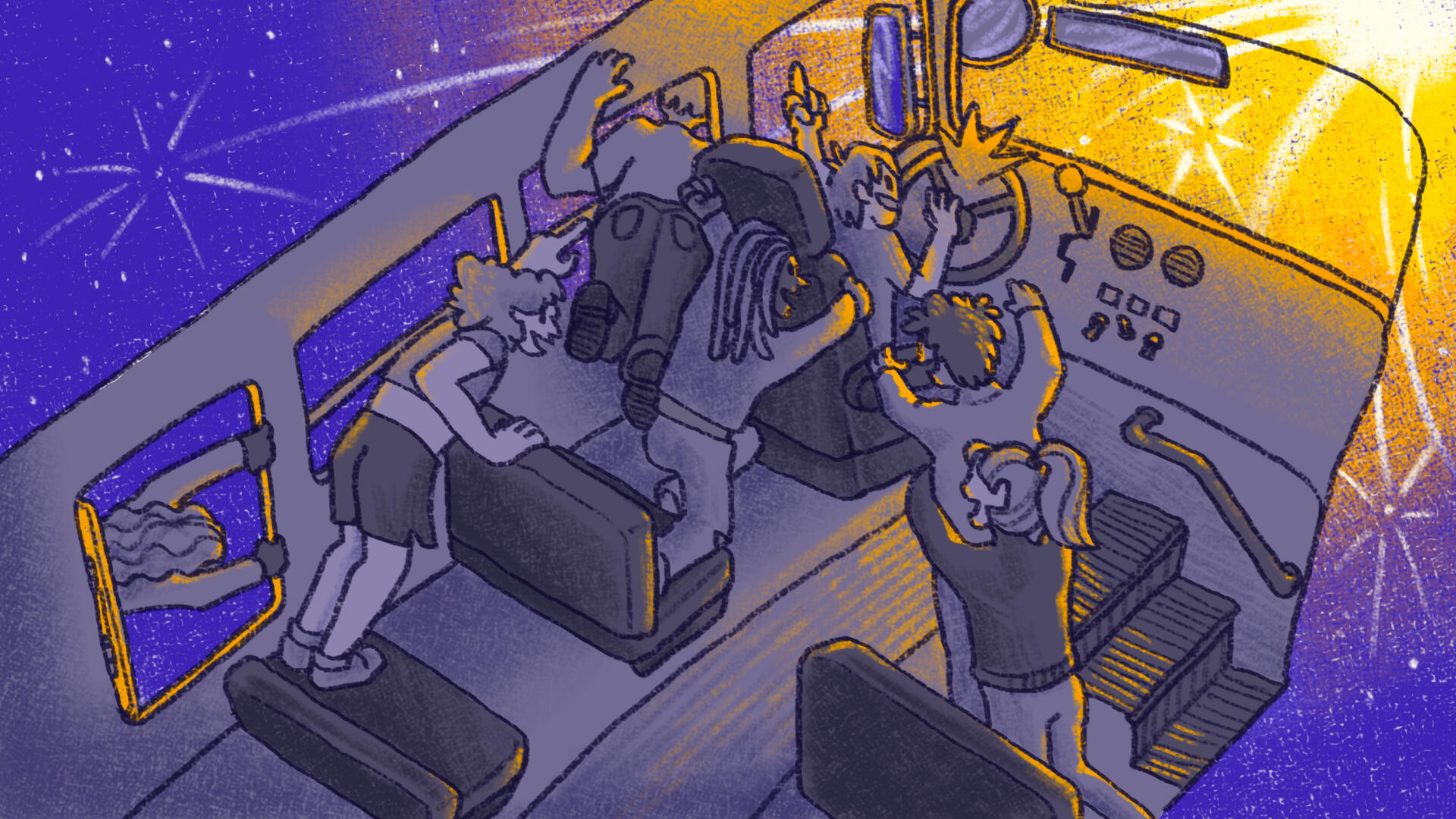 Illustration of interior of a bus driving through a starry, indigo outer space toward a bright orange-yellow star. Various people fight each other, climb over seats, and reach out windows to get to the bus driver, who is honking the horn.