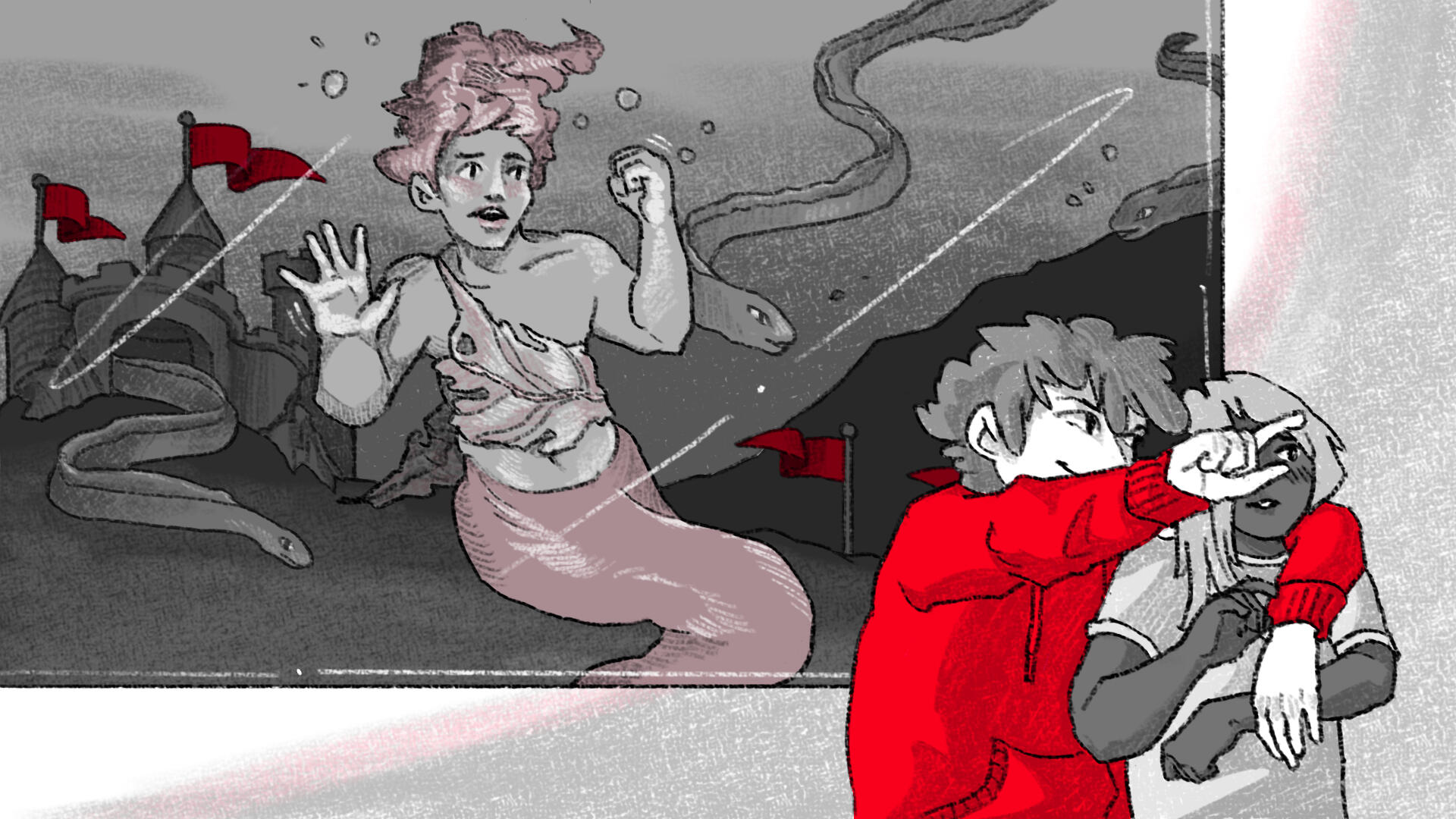 A mermaid in a fish tank with red flags behind them pound on the glass to attract the attention of a person, in the foreground, being led away and distracted by their partner, dressed in bright red.