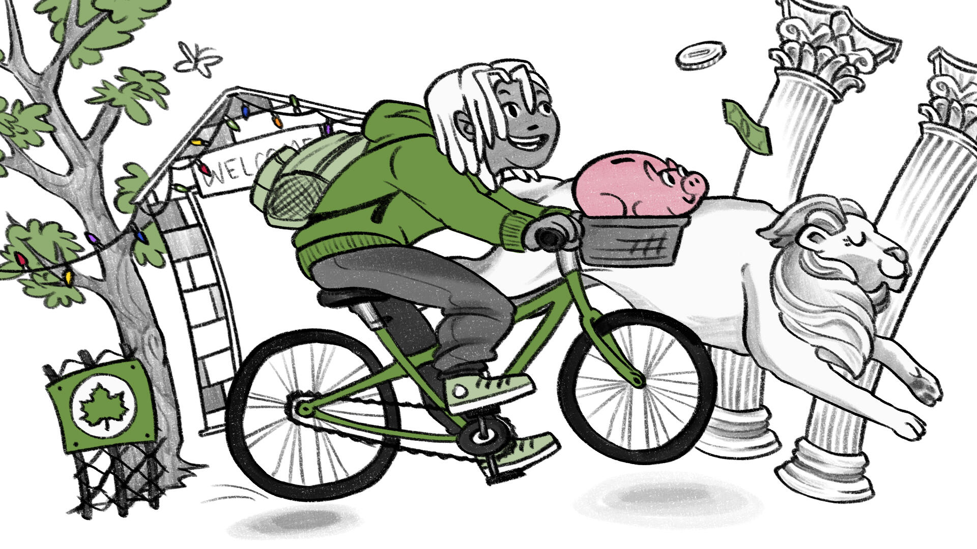 Black, white, green, and pink illustration. A character rides a bike alongside a running NYPL stone lion, past a NYC public park, a Bryant Park Winter Village storefront, and MET columns. A happy piggy bank sits in the bike basket.