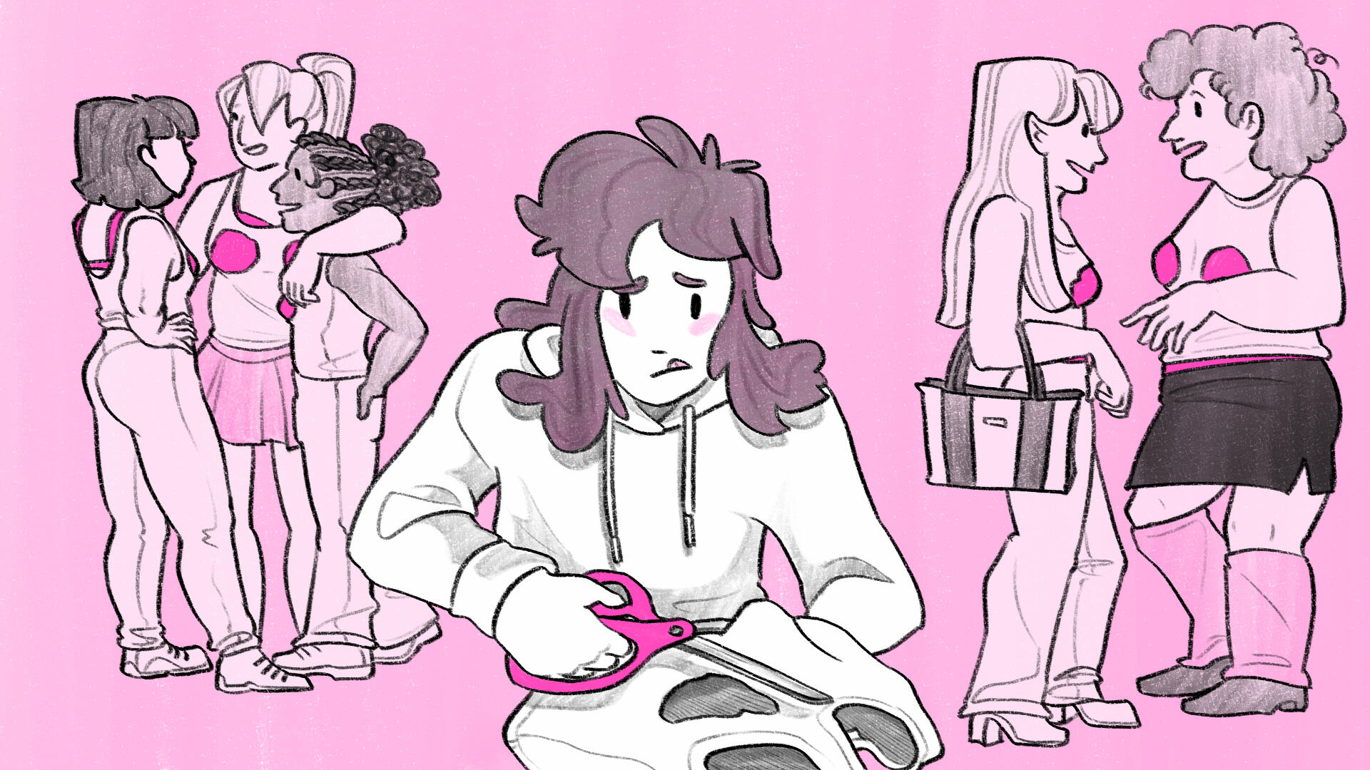 Black, white, and pink illustration. The centered main character cuts holes out of their shirt (in a reference to Regina George's tank top in Mean Girls) to mimic what every character in the background is wearing.