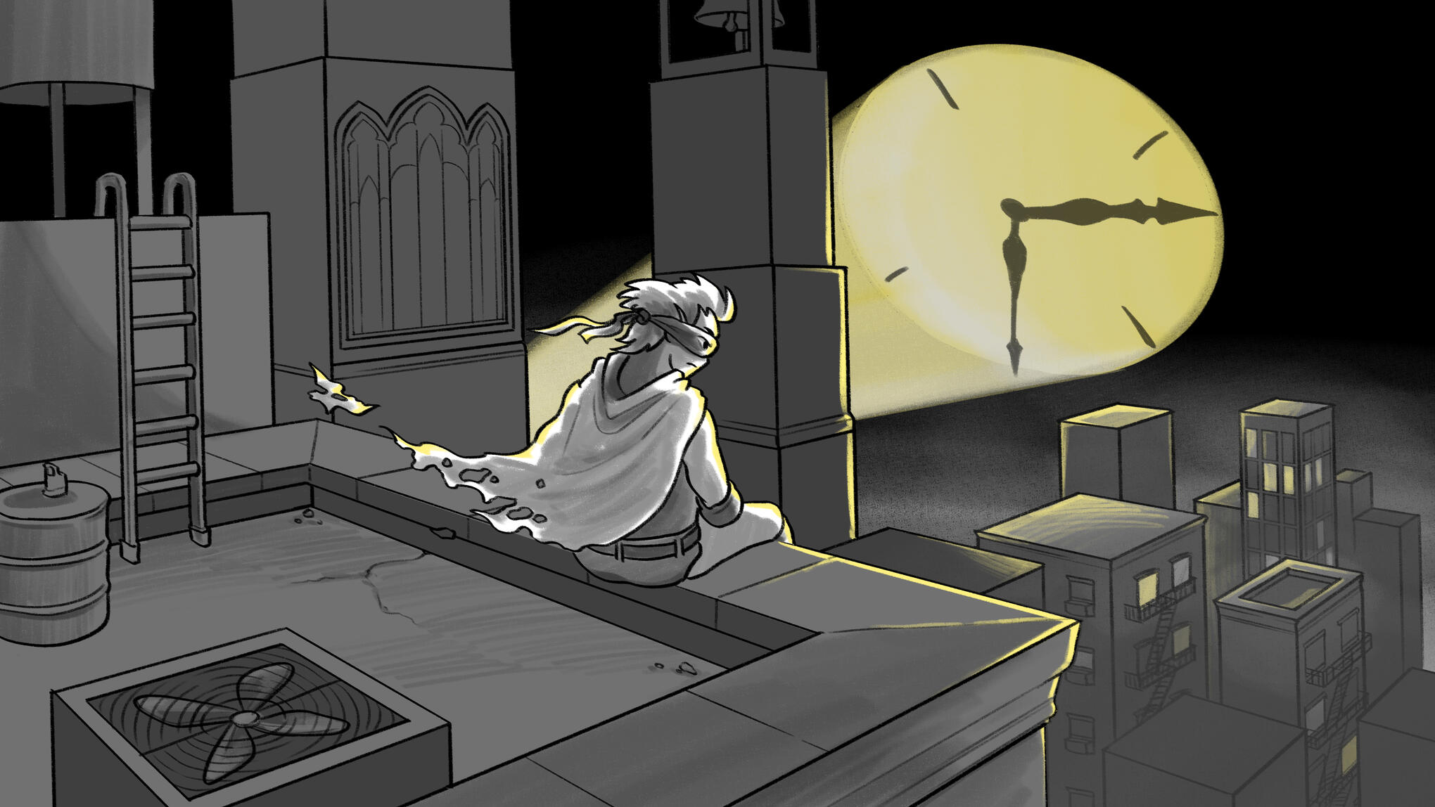 Black, white, and yellow illustration of a young superhero sitting on a city rooftop at night. Their signal beacon, the face of a clock, shines into the distance.