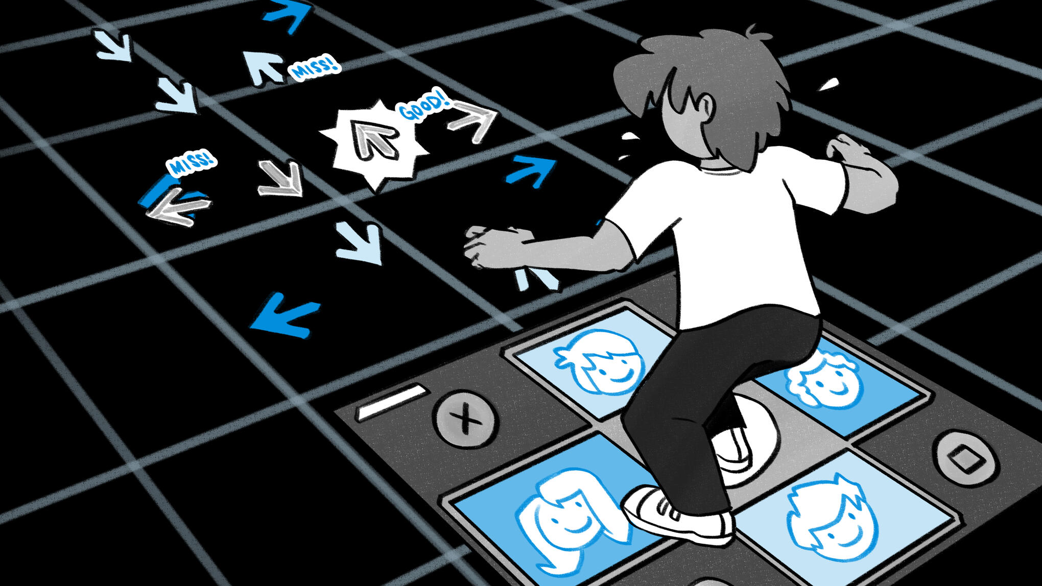 Black, white, and blue illustration. A character plays Dance, Dance Revolution on a board that depicts their friends' faces. They struggle to hit the dance patterns in time.