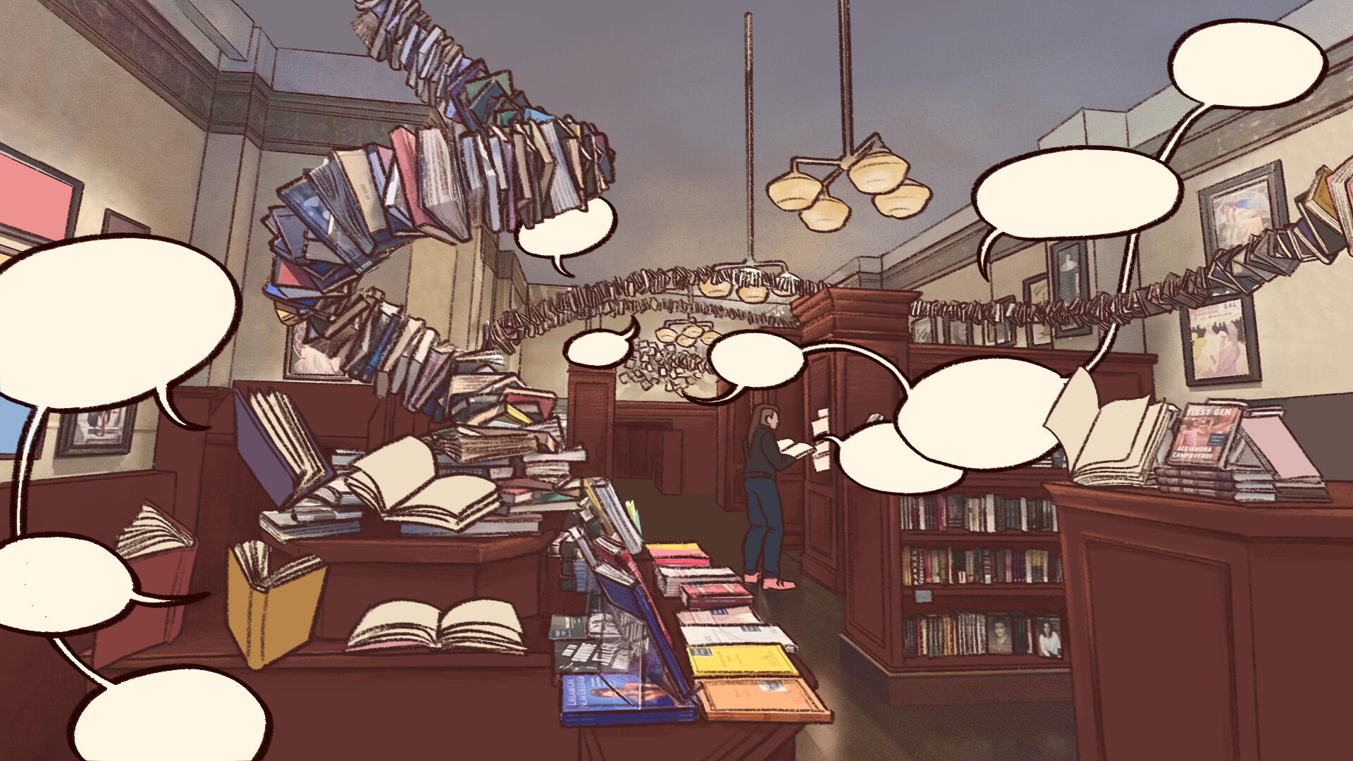 Full-color illustration of the interior of the Drama Book Shop, with sculptures of books swirling through the air. Some books are open, pages turning, and speech bubbles connect all the open books throughout the image.