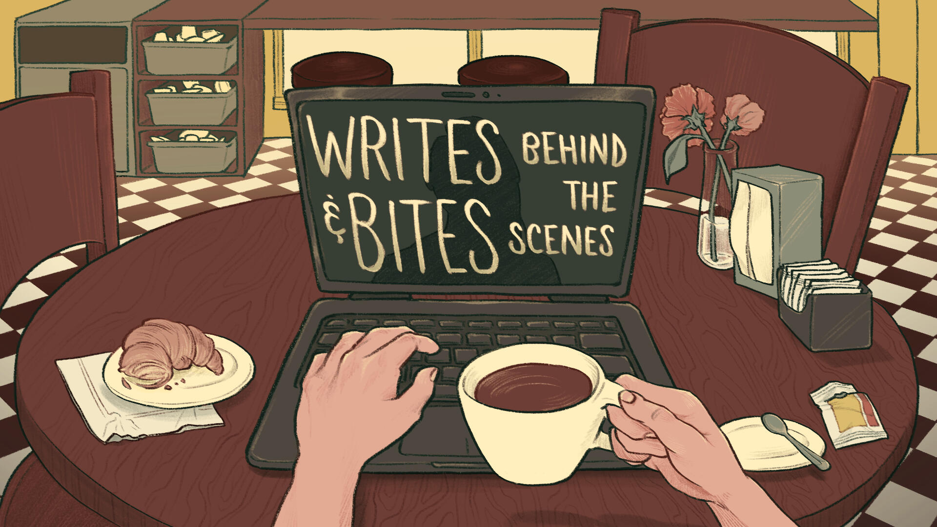 First person POV illustration of a person with light skin in a cafe at a sparsely occupied table, holding a cup of coffee with one hand and typing at a laptop with the other. Laptop screen reads title of the article.