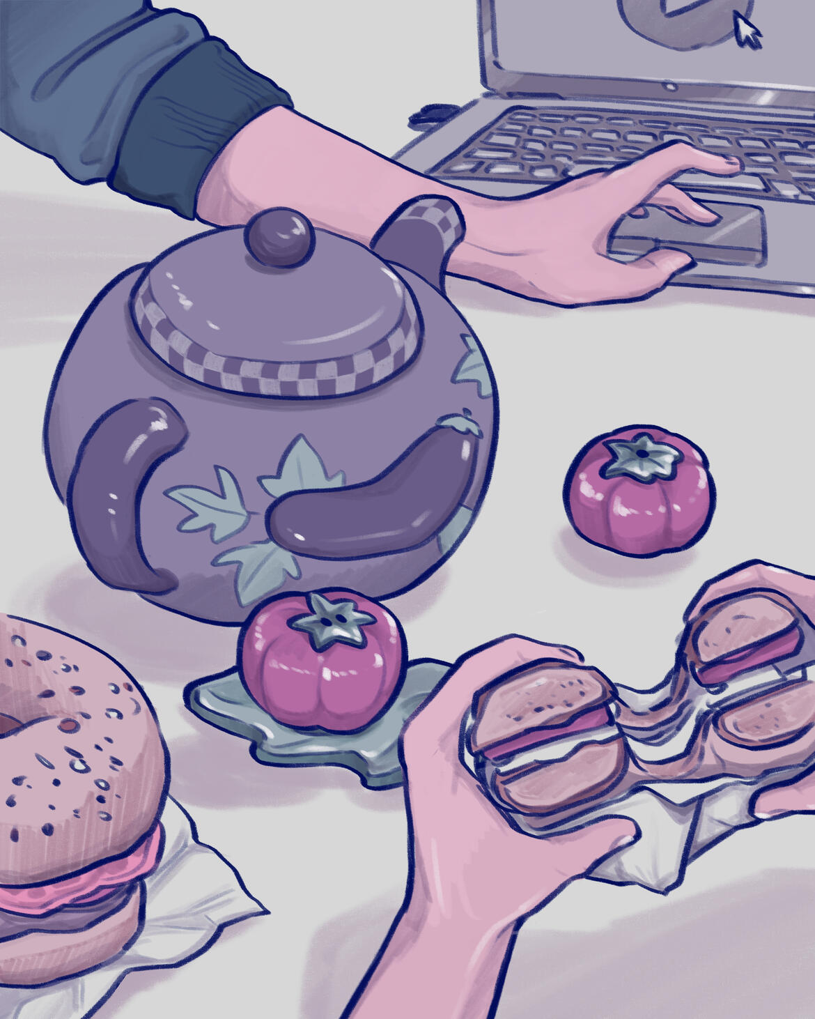 First person POV of light-skinned hands in the foreground holding half of a wrapped bagel. In the middle ground: another bagel, tomato-shaped salt and pepper shakers, a teapot, and a laptop on which another person's hand is using the trackpad.